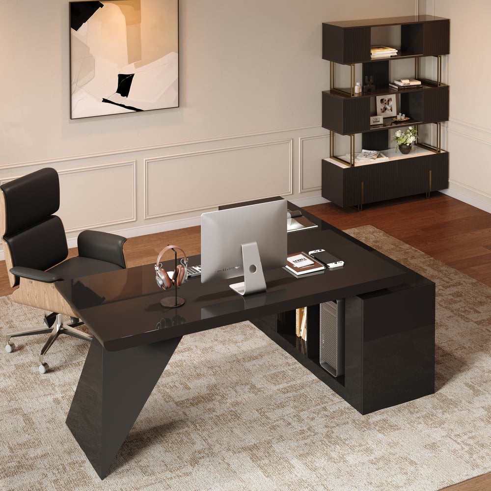 Modern 71" L-Shaped Black Executive Desk with Left Hand Return window image