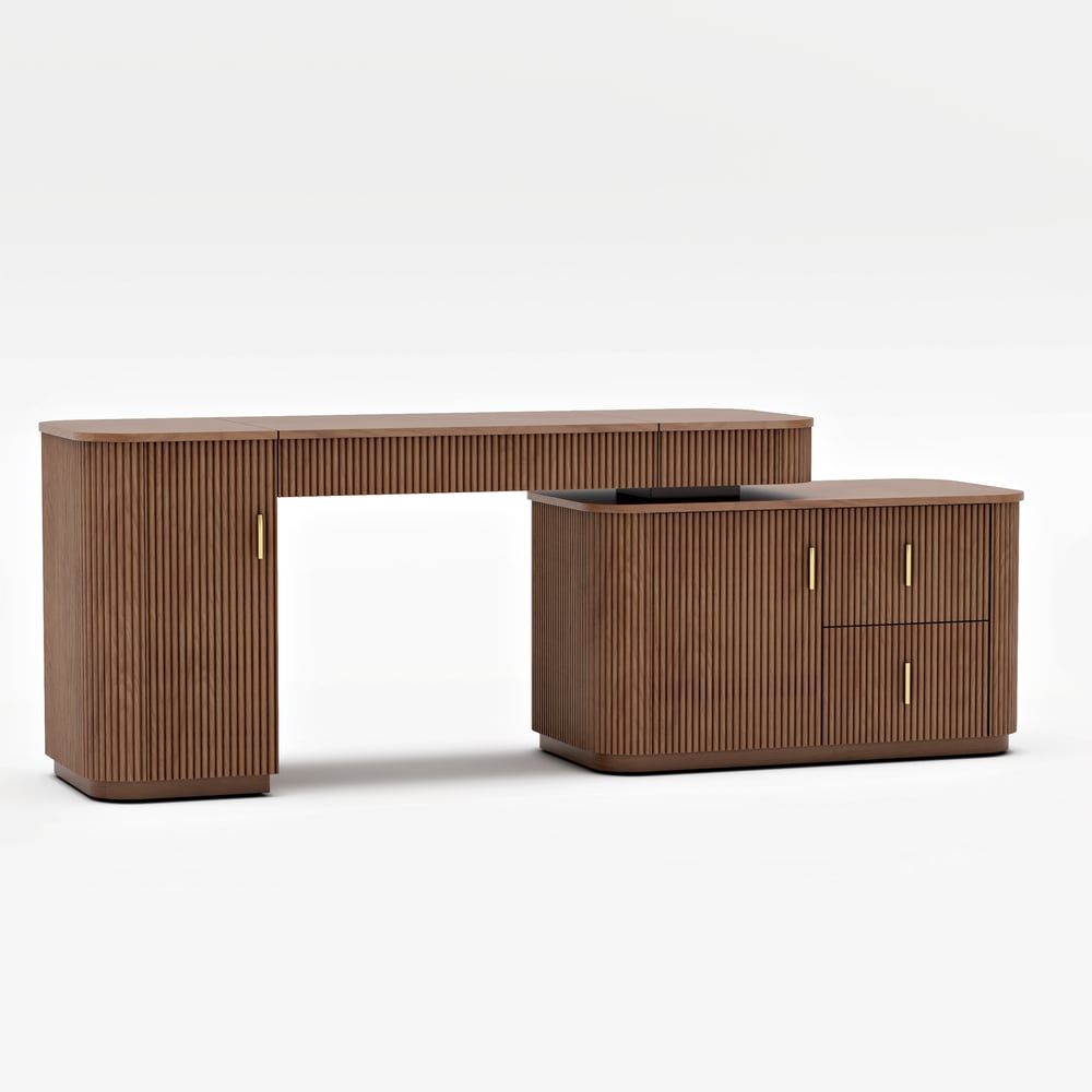 Bureau de direction en forme de L Velign 165 cm en noyer avec tiroirs et armoire à droite image de fenêtre