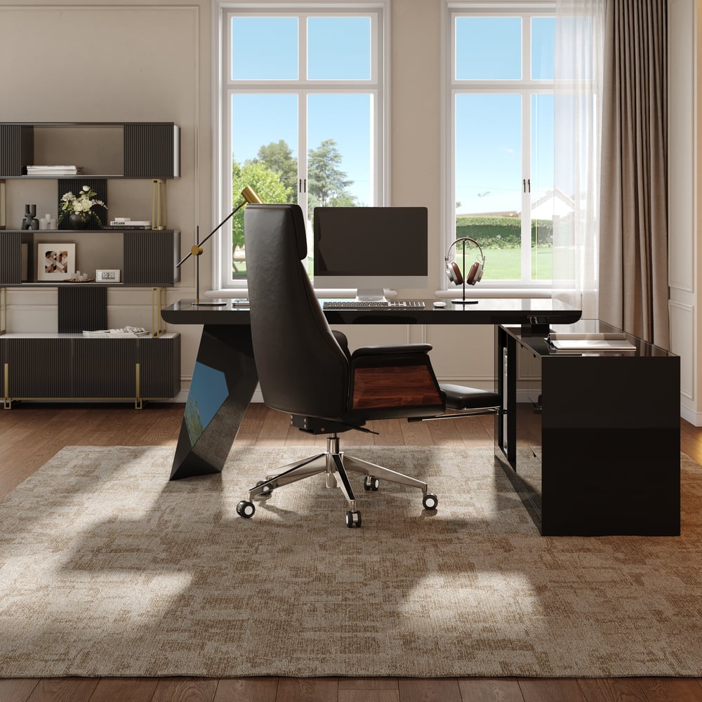 Modern 71" L-Shaped Black Executive Desk with Right Hand Return window image