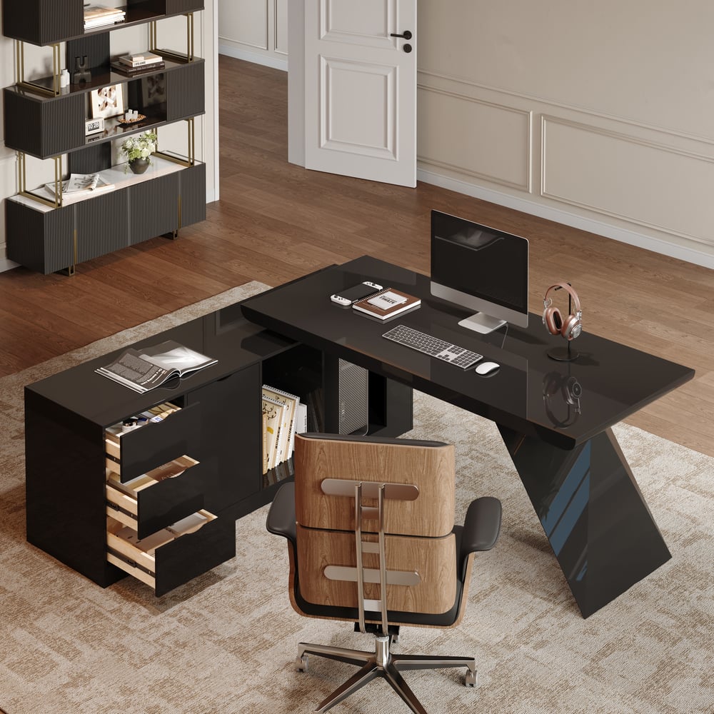 Modern 71" L-Shaped Black Executive Desk with Left Hand Return window image