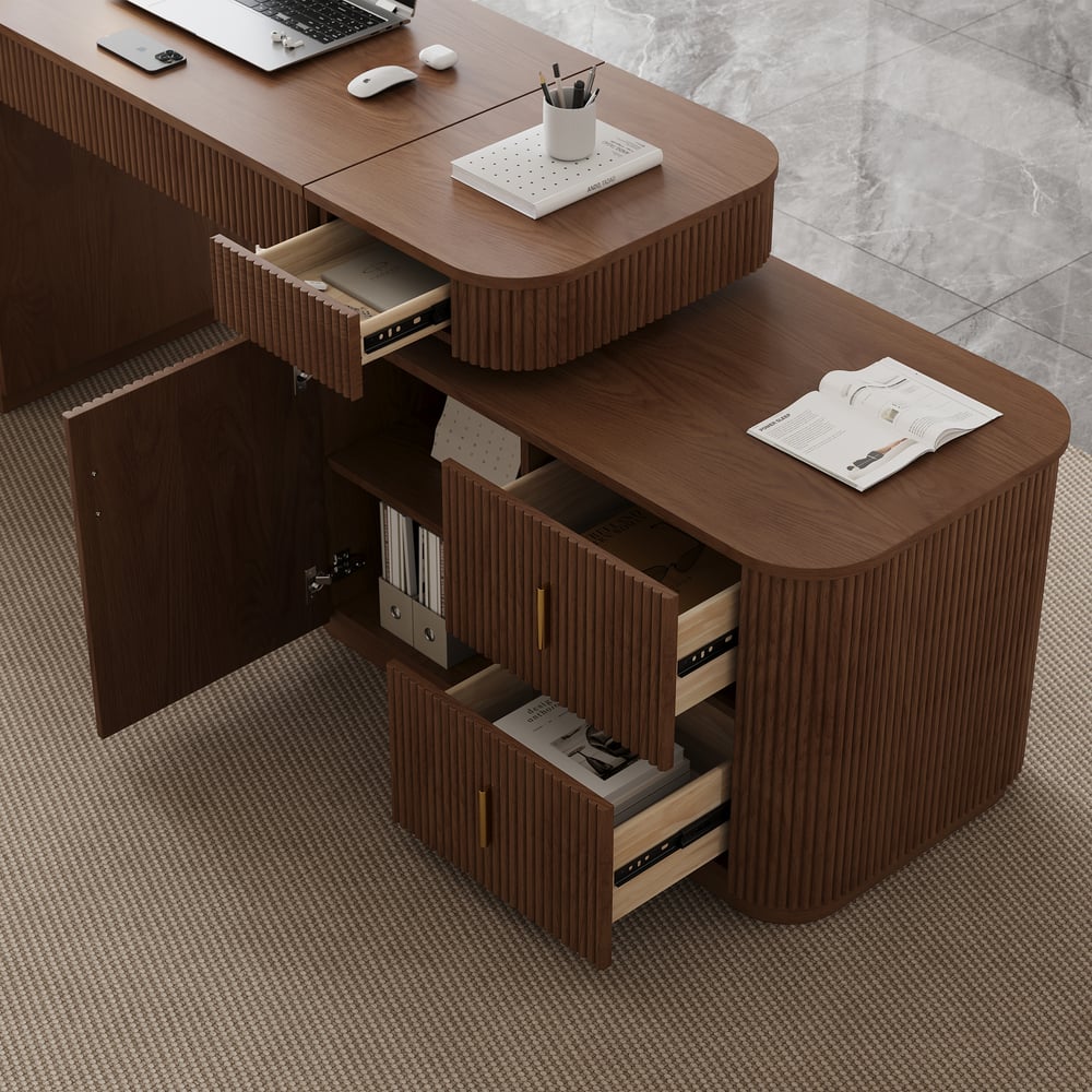 Bureau de direction en forme de L Velign 165 cm en noyer avec tiroirs et armoire à droite image de fenêtre