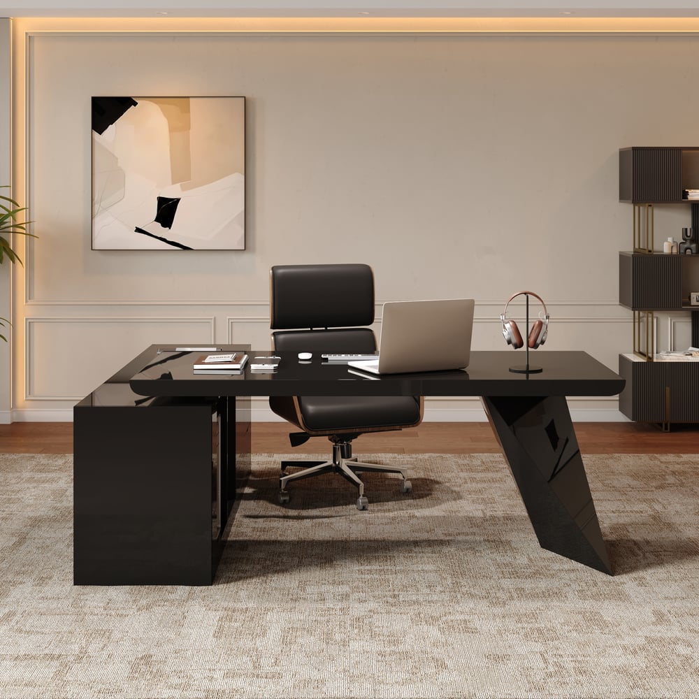 Modern 71" L-Shaped Black Executive Desk with Right Hand Return window image