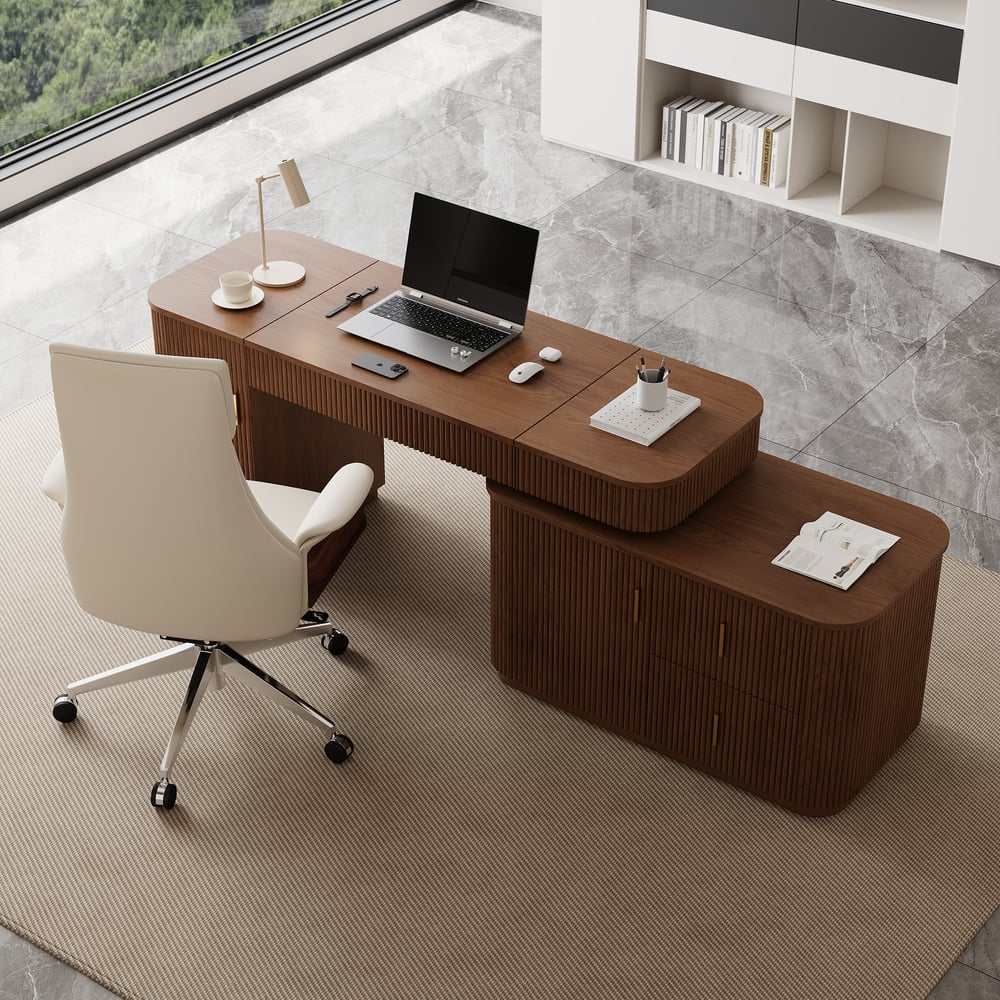 Bureau exécutif Velign en L de 164 cm avec plateau élévateur, tiroirs et meuble latéral droit noyer image de fenêtre
