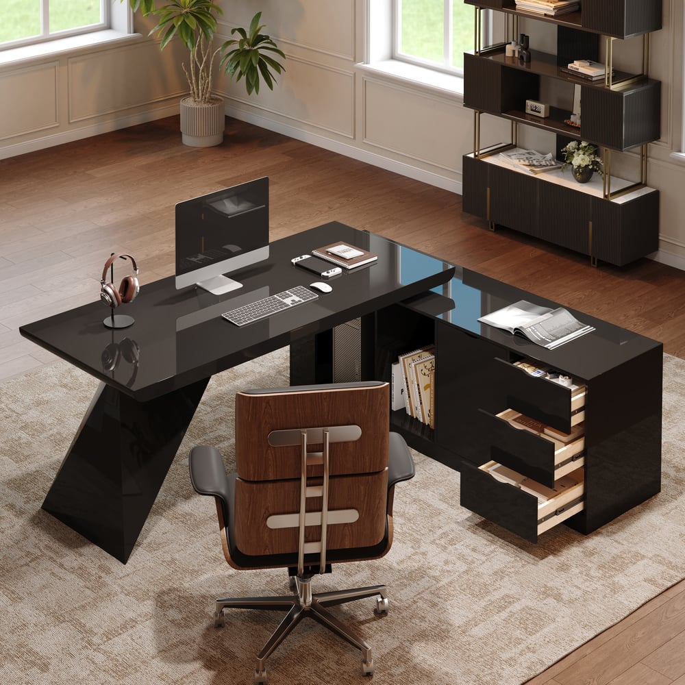 Modern 71" L-Shaped Black Executive Desk with Right Hand Return window image