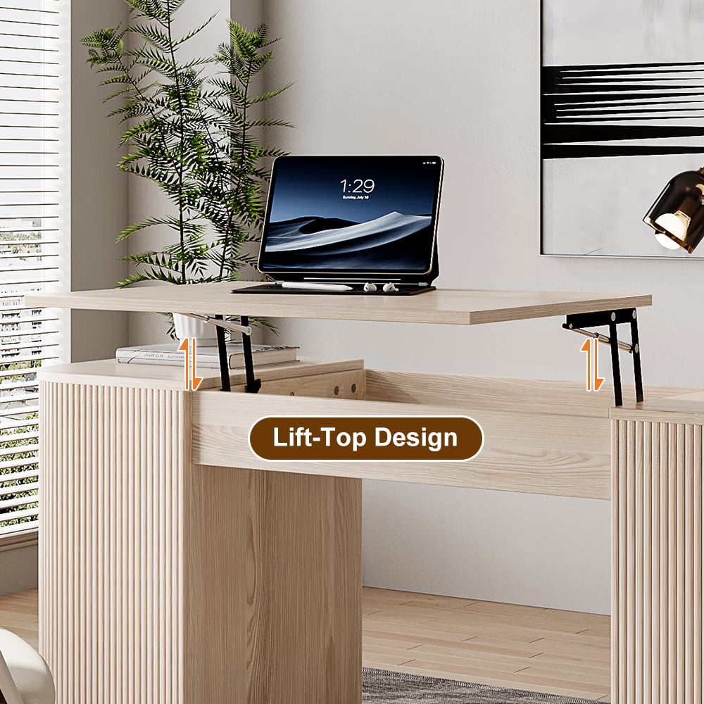 152 cm Modern Velign Office Desk in Wood with Lift-Top and 2-Door Washed White Cabinet window image