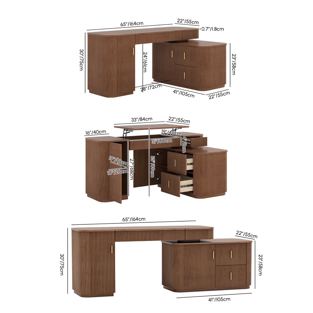 Velign 65" L-Shape Walnut Executive Desk with Right-Side Cabinet weights dimensions image