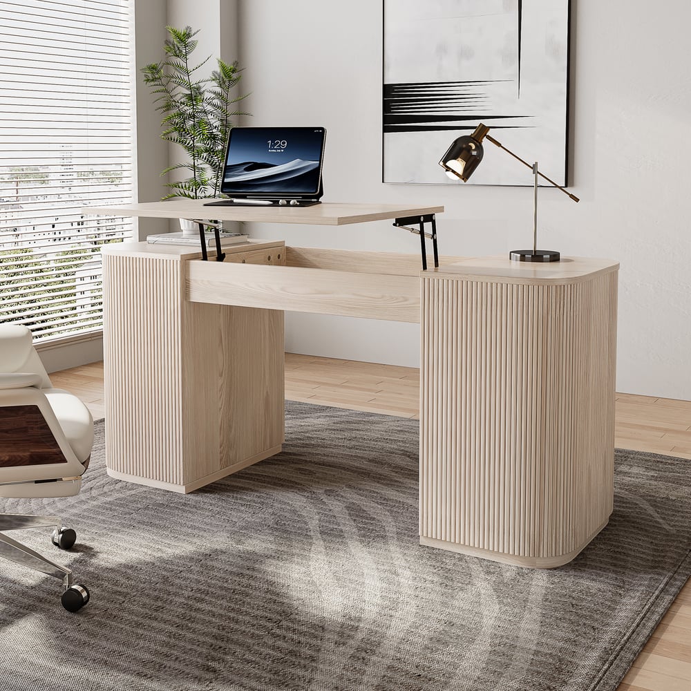 152 cm Modern Velign Office Desk in Wood with Lift-Top and 2-Door Washed White Cabinet window image