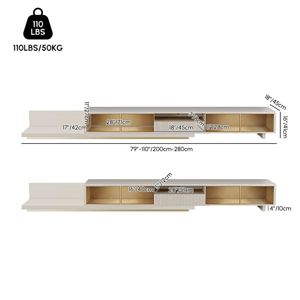 200 - 280 cm Extendable TV Stand with LED Light, Tempered Glass Door Cabinets & Drawer weights dimensions image
