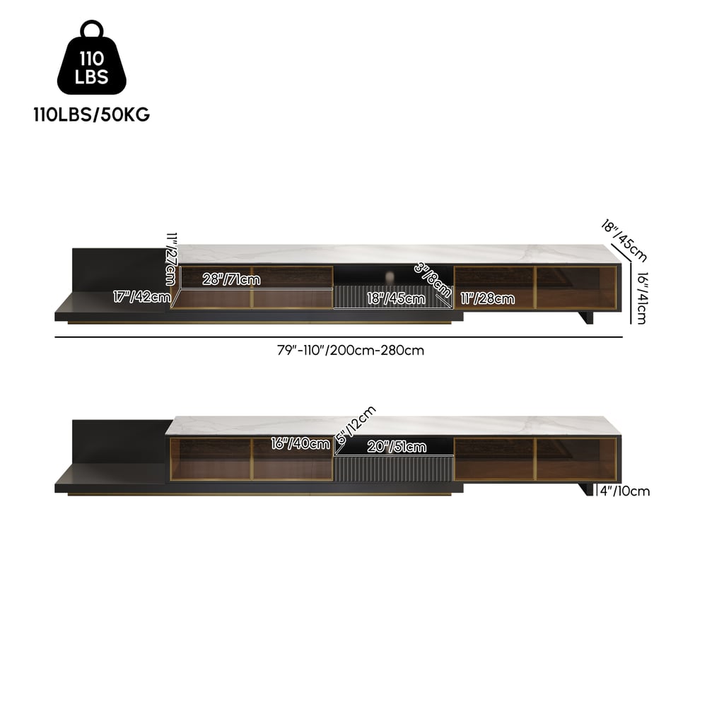 200 - 280 cm Extendable TV Stand with LED Light, Tempered Glass Door Cabinets & Drawer weights dimensions image