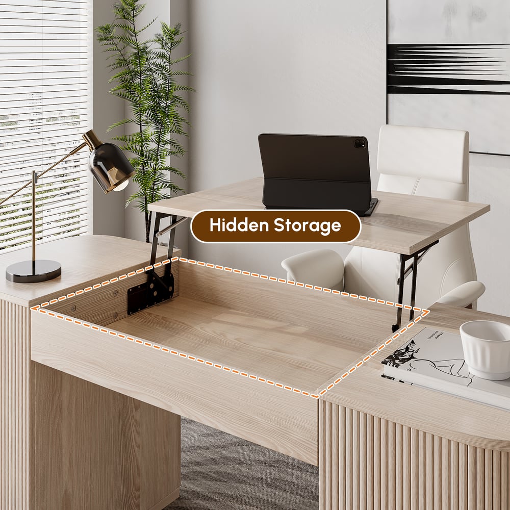 152 cm Modern Velign Office Desk in Wood with Lift-Top and 2-Door Washed White Cabinet window image