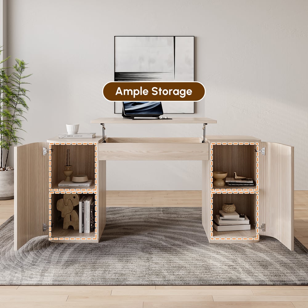 152 cm Modern Velign Office Desk in Wood with Lift-Top and 2-Door Washed White Cabinet window image
