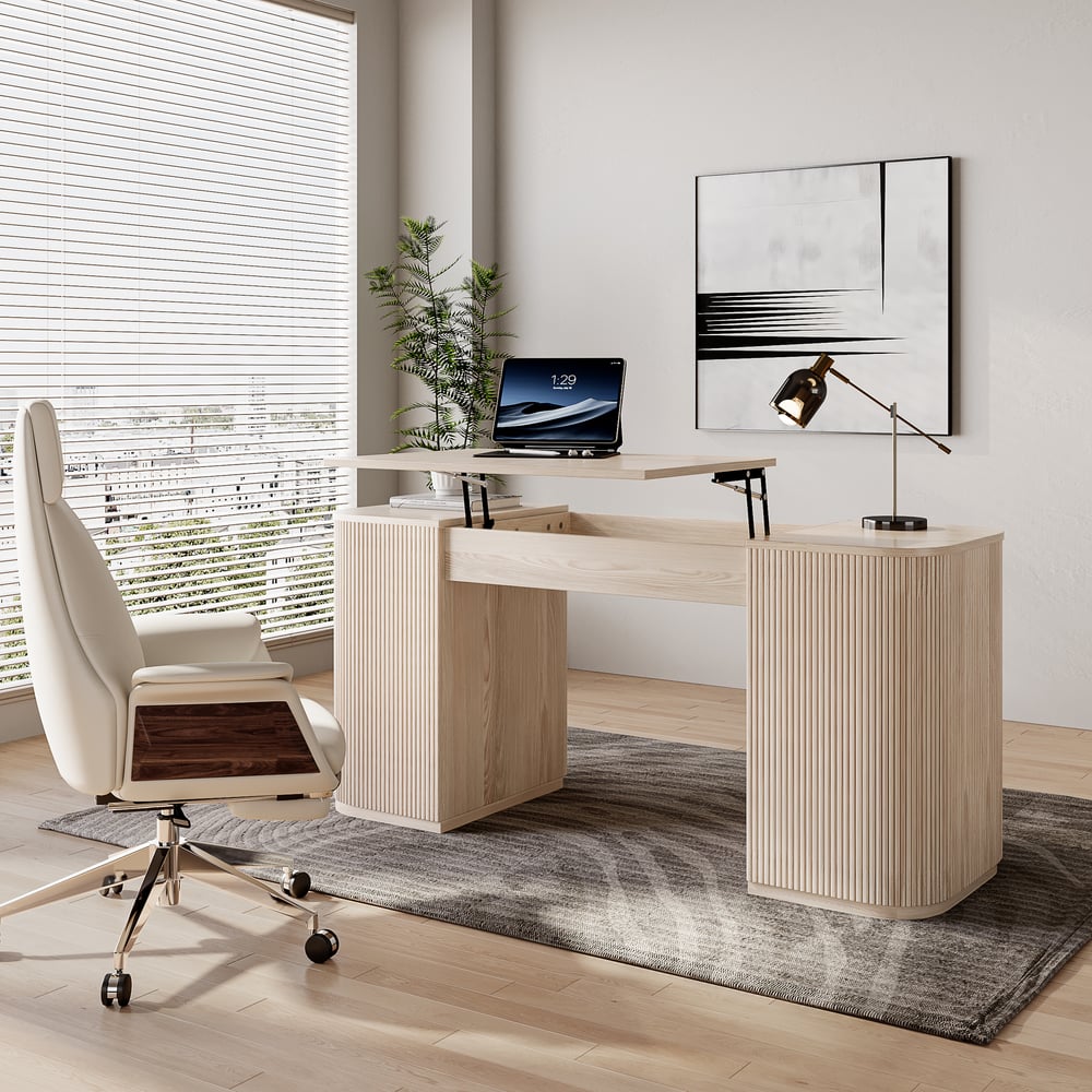 152 cm Modern Velign Office Desk in Wood with Lift-Top and 2-Door Washed White Cabinet window image