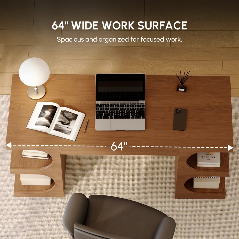 Bureau d'écriture rectangulaire moderne en noyer de 162,56 cm avec rangement image de fenêtre