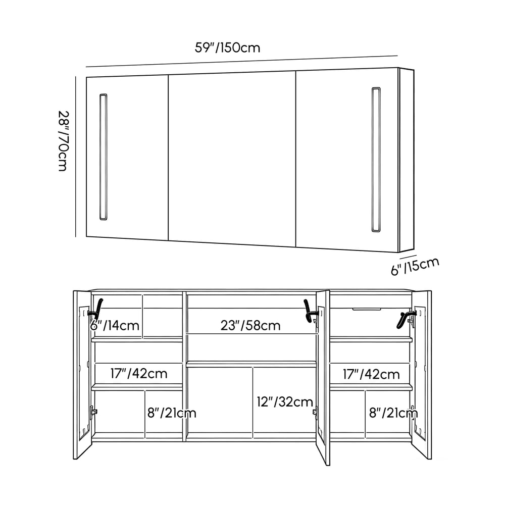 Armoire de toilette LED de 150 cm avec fonction anti-buée et éclairage tricolore dimmable Poids, dimensions, image