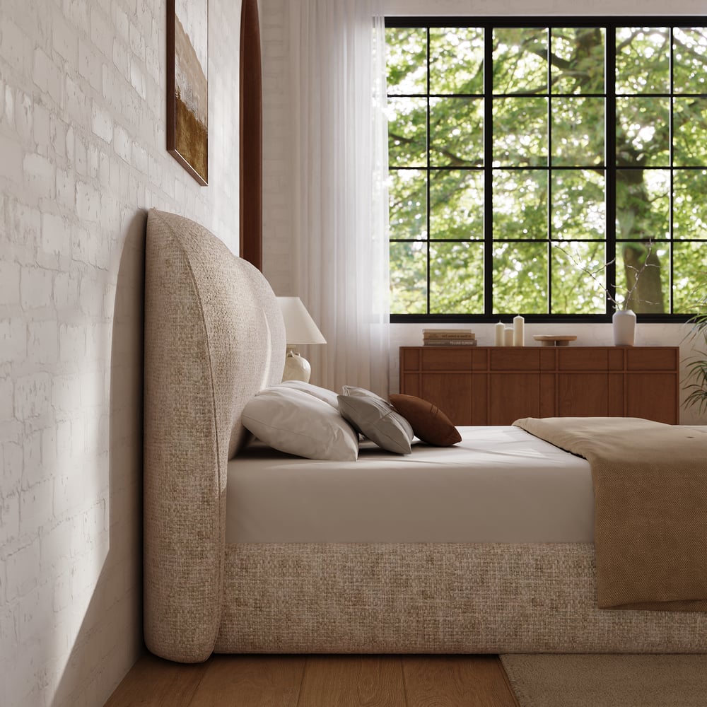 Modern King Size Chenille Upholstered Bed window image