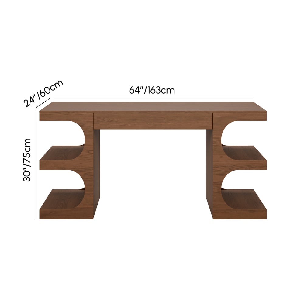 Bureau d'écriture rectangulaire moderne en noyer de 162,56 cm avec rangement Poids, dimensions, image