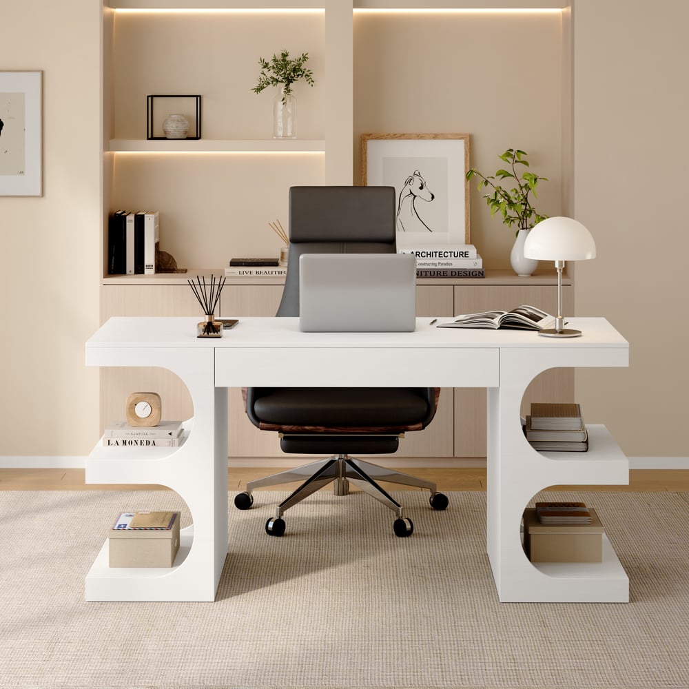 Bureau moderne rectangulaire blanc de 64 pouces avec rangement image de fenêtre