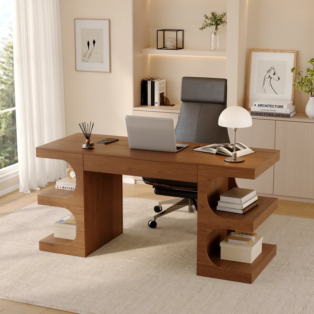 Bureau d'écriture rectangulaire moderne en noyer de 162,56 cm avec rangement image de fenêtre