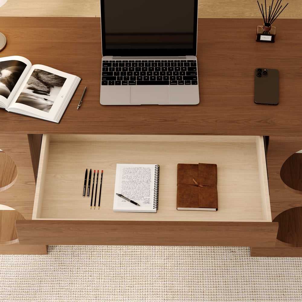 Bureau d'écriture rectangulaire moderne en noyer de 162,56 cm avec rangement image de fenêtre
