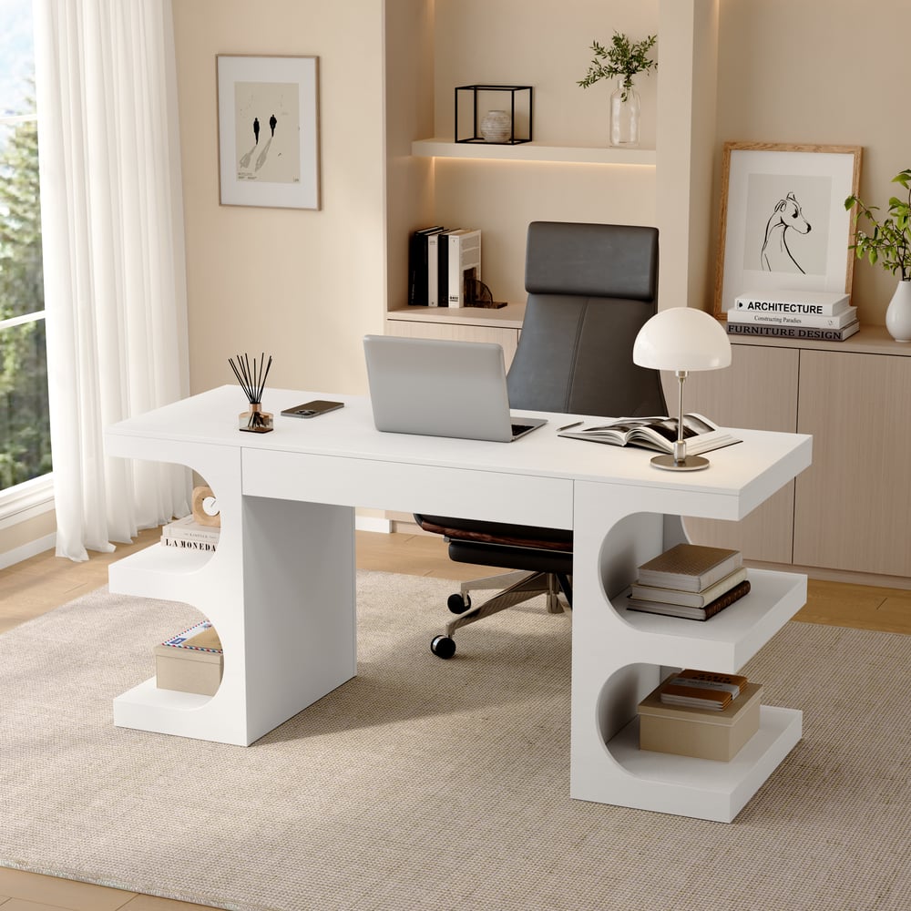 Bureau moderne rectangulaire blanc de 64 pouces avec rangement image de fenêtre