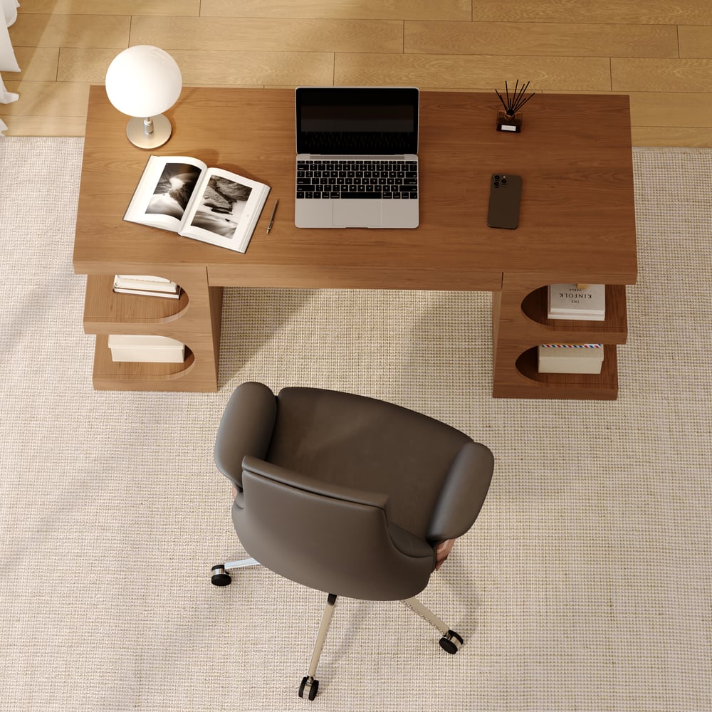 Bureau d'écriture rectangulaire moderne en noyer de 162,56 cm avec rangement image de fenêtre