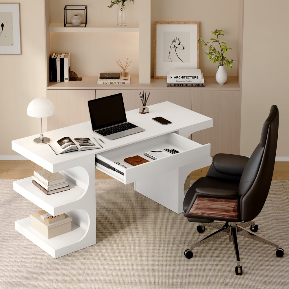Bureau moderne rectangulaire blanc de 64 pouces avec rangement image de fenêtre