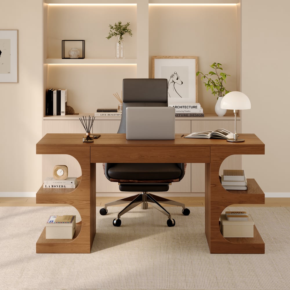 Bureau d'écriture rectangulaire moderne en noyer de 162,56 cm avec rangement image de fenêtre