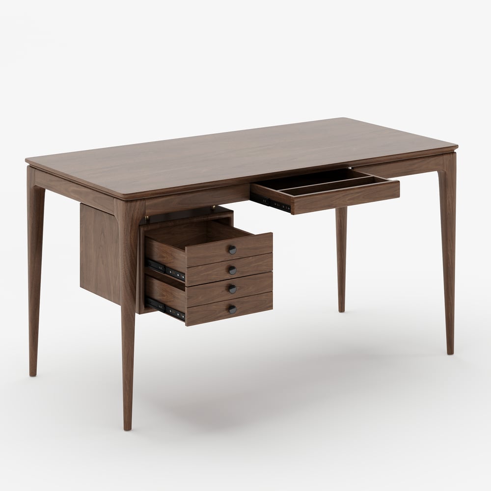 Mid-Century Modern 140 cm Rectangular Walnut Ash Wood Desk with 3 Drawers window image