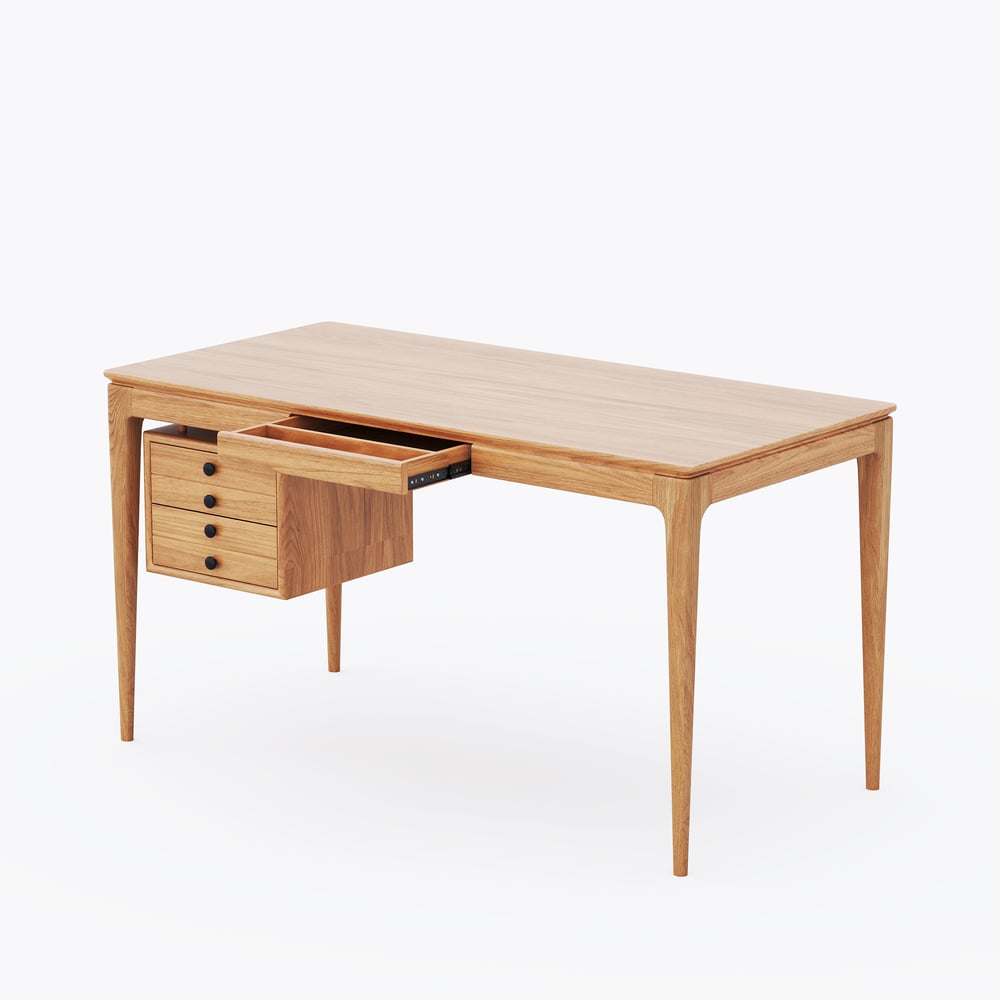 Mid-Century Modern 140 cm Rechthoekig Bureau van Natuurlijk Essenhout met 3 Laden Vensterafbeelding