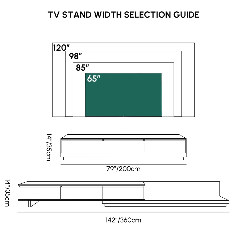 Fero 79"-142" Extendable TV Stand with 3 Drawers weights dimensions image