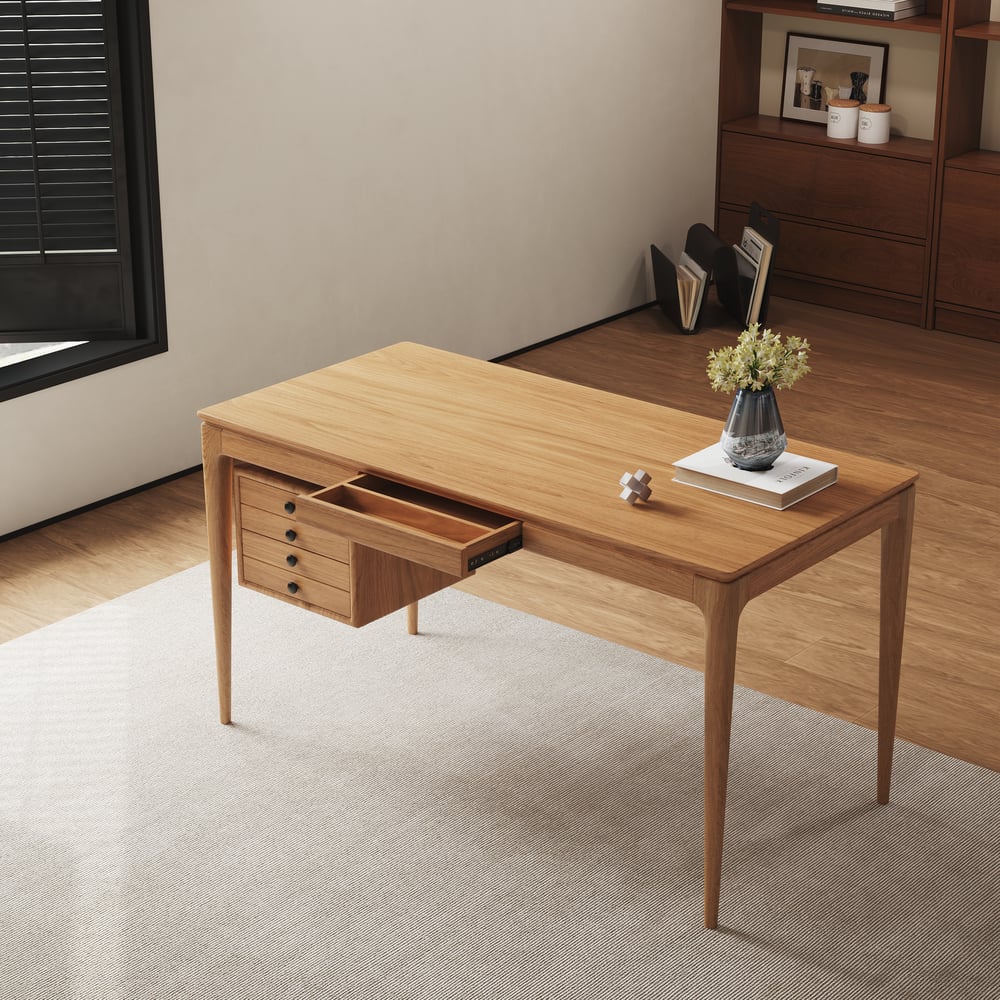 Mid-Century Modern 140 cm Rechthoekig Bureau van Natuurlijk Essenhout met 3 Laden Vensterafbeelding