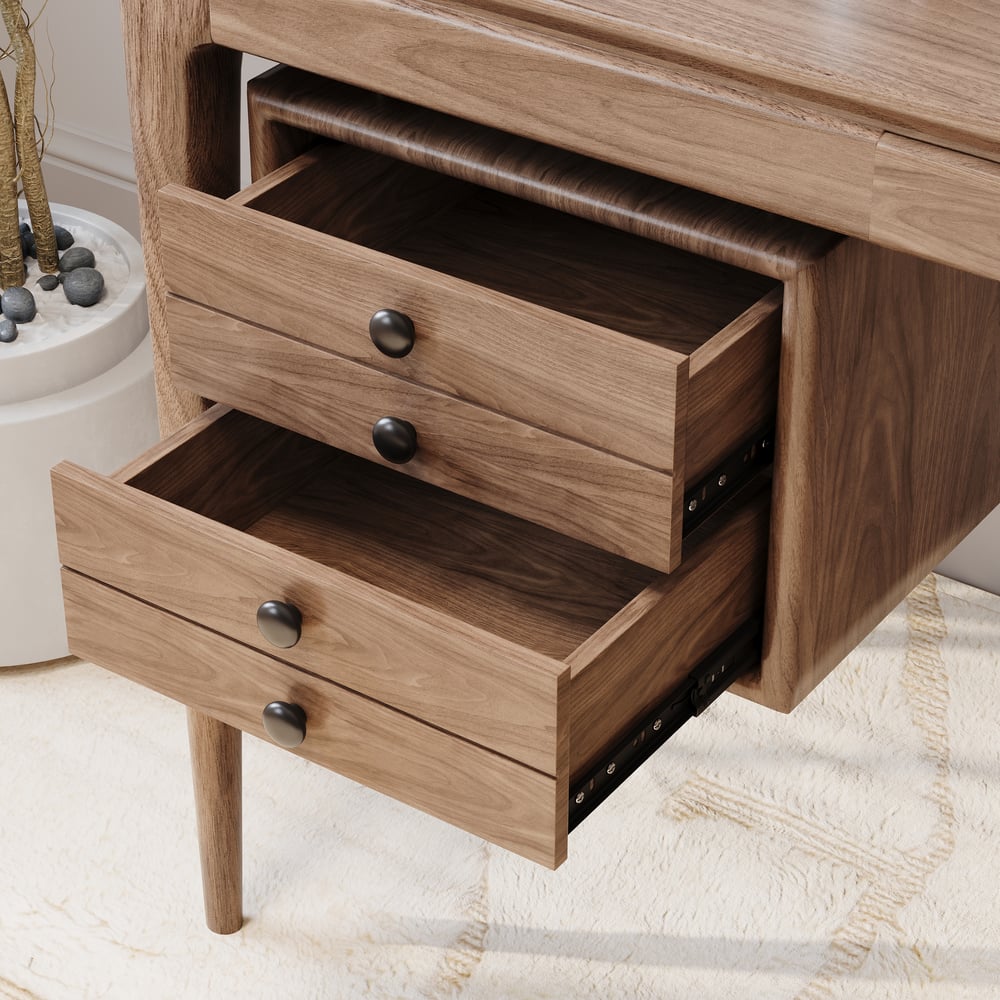 Mid-Century Modern 140 cm Rectangular Walnut Ash Wood Desk with 3 Drawers window image