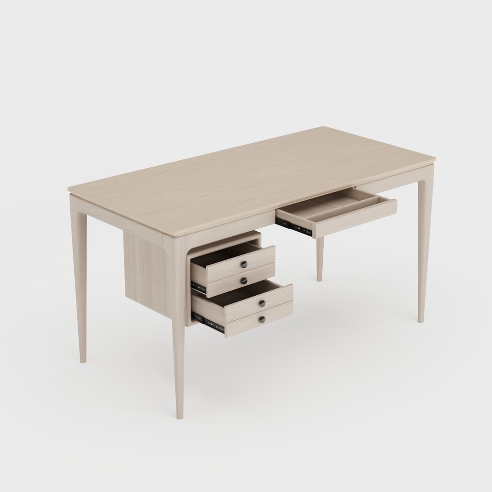 Mid-century Style Whitewash Ash Wood Home Office Desk with 3 Drawers (140 cm) window image
