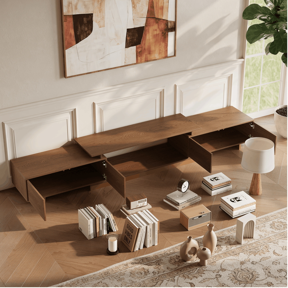 Mordel 63"-94" Extendable Walnut TV Stand with Storage window image