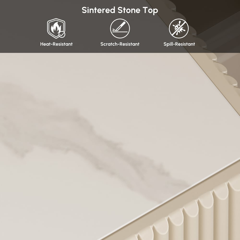 Grovyn 63" Ivory Glossy Sintered Stone Sideboard with Fluted & Adjustable Shelves window image