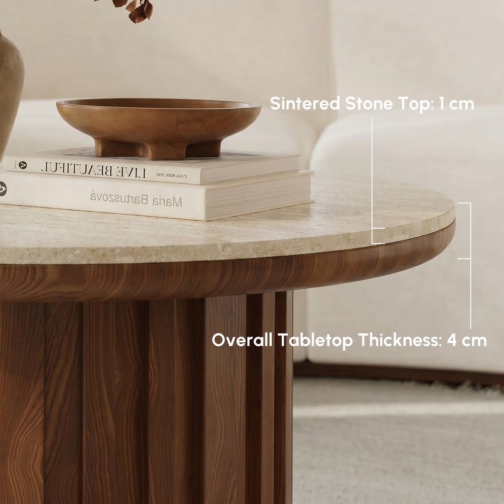 Aura 2 Piece Set Ash Wood Slatted Round Coffee Table with Sintered Stone Top (20" - 28") window image