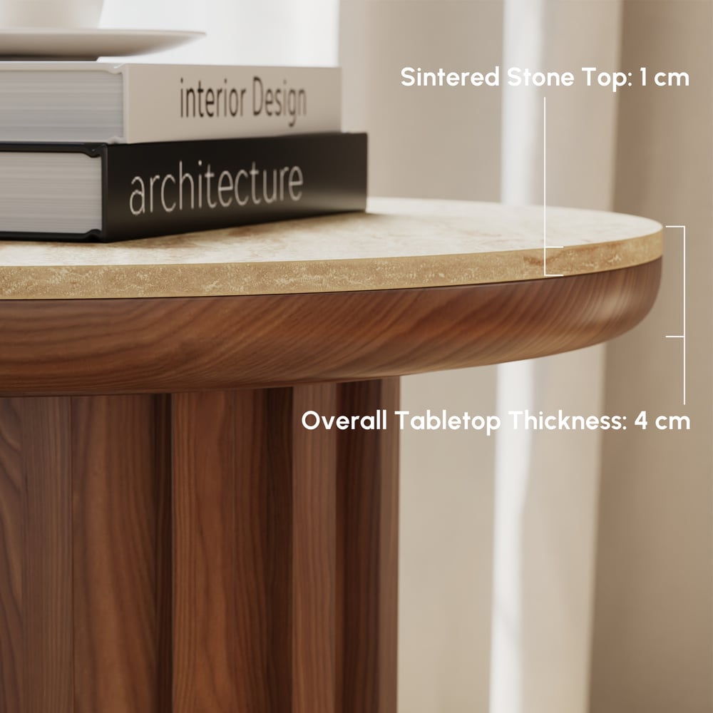 Mesa auxiliar Aura redonda acanalada 51 cm en madera de fresno y tapa de piedra sinterizada Imagen de ventana
