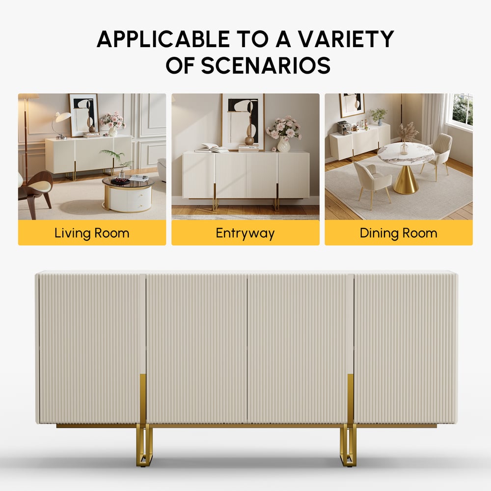 Grovyn 63" Ivory Glossy Sintered Stone Sideboard with Fluted & Adjustable Shelves window image