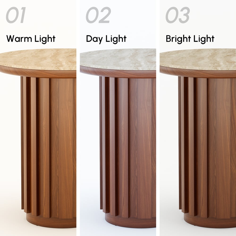 Mesa auxiliar Aura redonda acanalada 51 cm en madera de fresno y tapa de piedra sinterizada Imagen de ventana