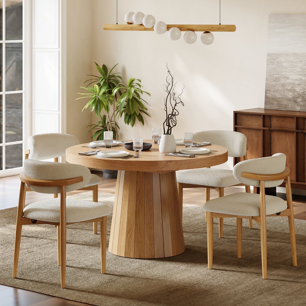 Set da pranzo tavolo da pranzo allungabile Japandi naturale da 99-140 cm con 4 sedie Immagine della finestra