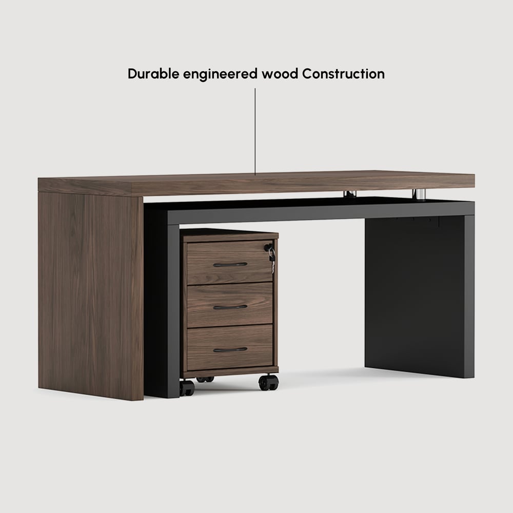 Bureau de direction moderne en forme de L noir et noyer de 152,4 cm avec classeur mobile image de fenêtre
