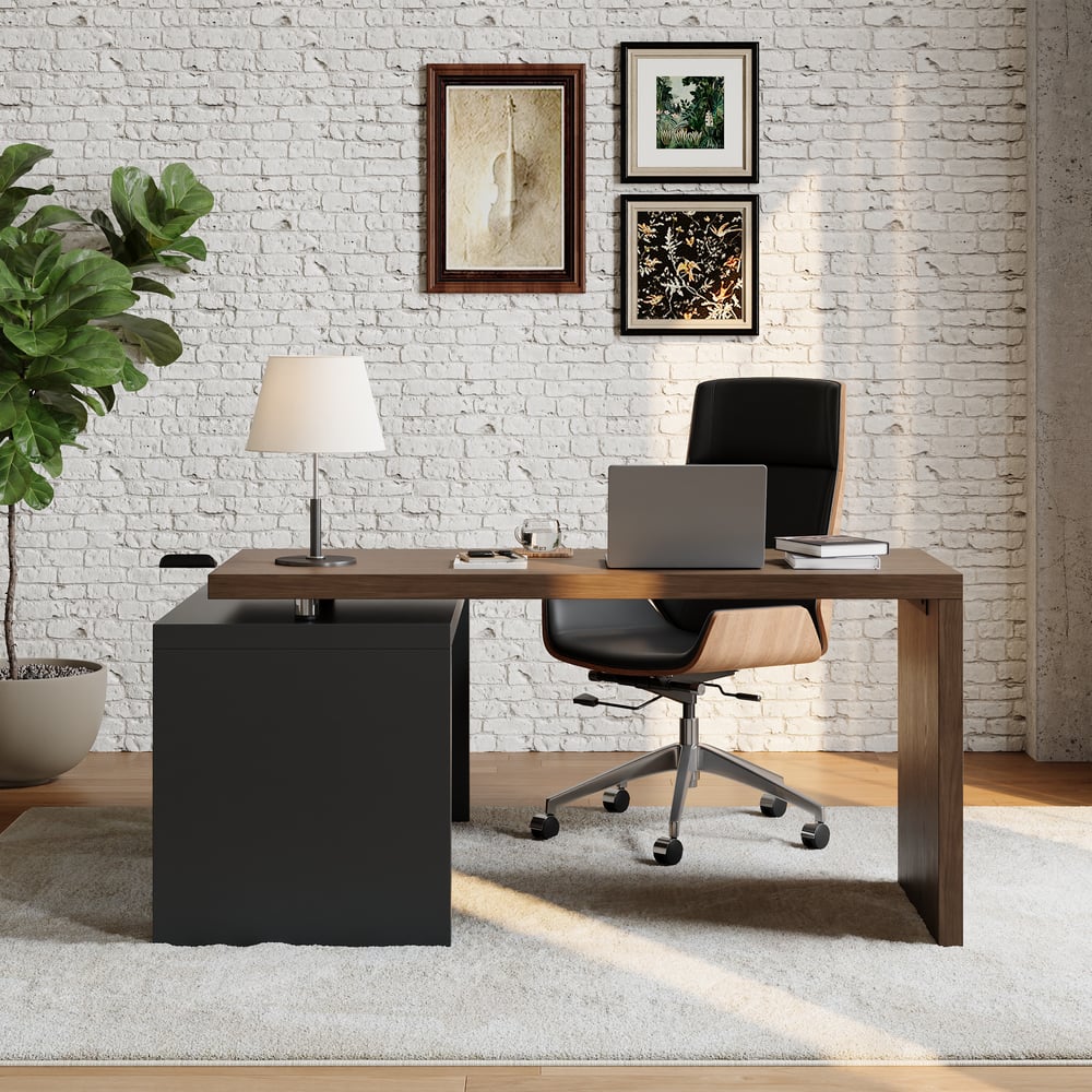 Bureau de direction moderne en forme de L noir et noyer de 152,4 cm avec classeur mobile image de fenêtre