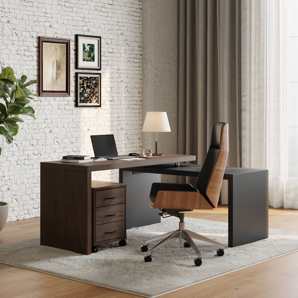 Bureau de direction moderne en forme de L noir et noyer de 152,4 cm avec classeur mobile image de fenêtre