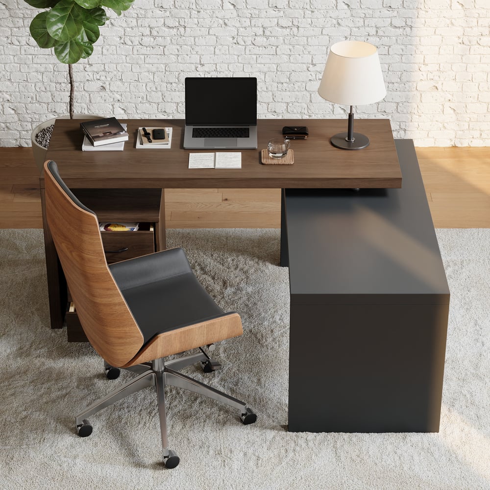 Bureau de direction moderne en forme de L noir et noyer de 152,4 cm avec classeur mobile image de fenêtre