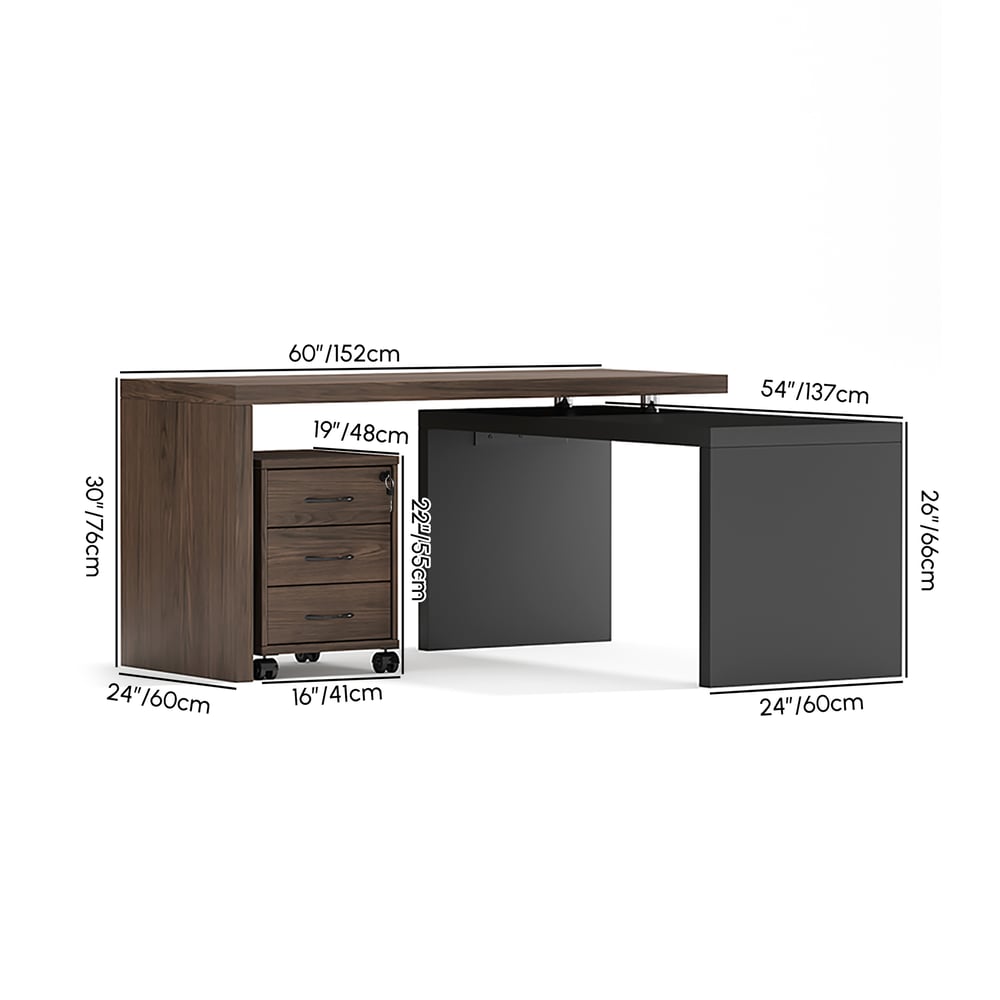 Bureau de direction moderne en forme de L noir et noyer de 152,4 cm avec classeur mobile Poids, dimensions, image
