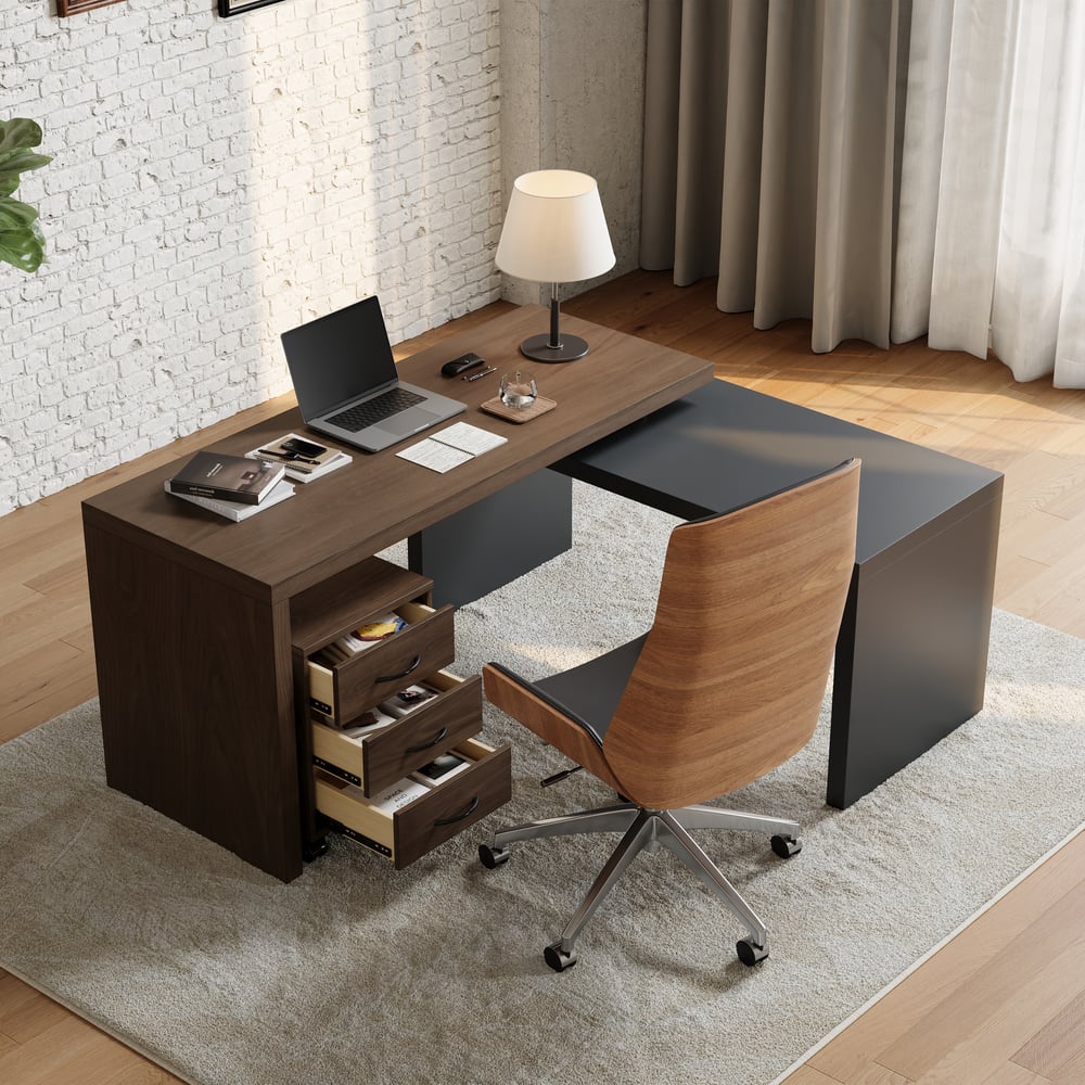 Bureau de direction moderne en forme de L noir et noyer de 152,4 cm avec classeur mobile image de fenêtre