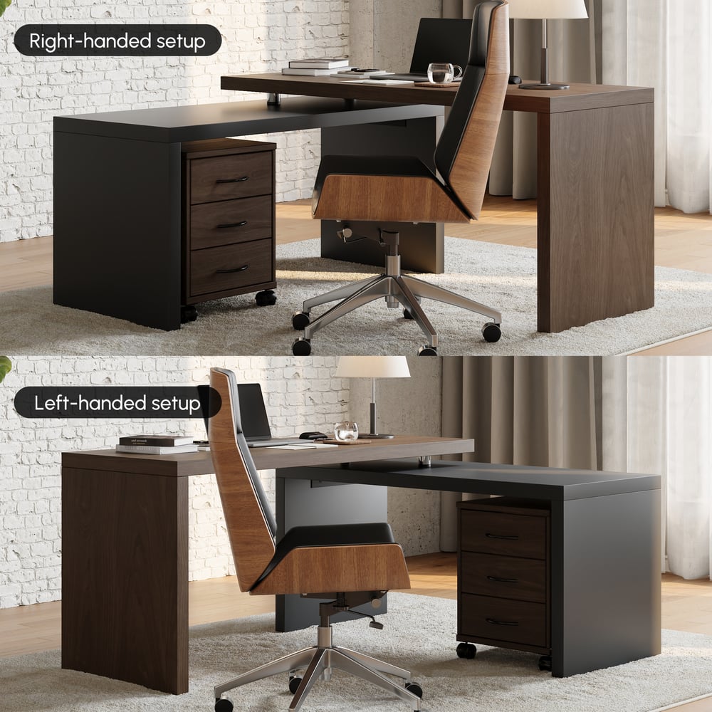 Bureau de direction moderne en forme de L noir et noyer de 152,4 cm avec classeur mobile image de fenêtre