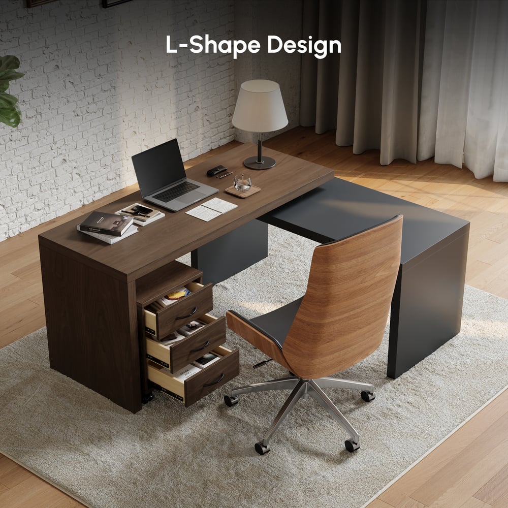 Bureau de direction moderne en forme de L noir et noyer de 152,4 cm avec classeur mobile image de fenêtre