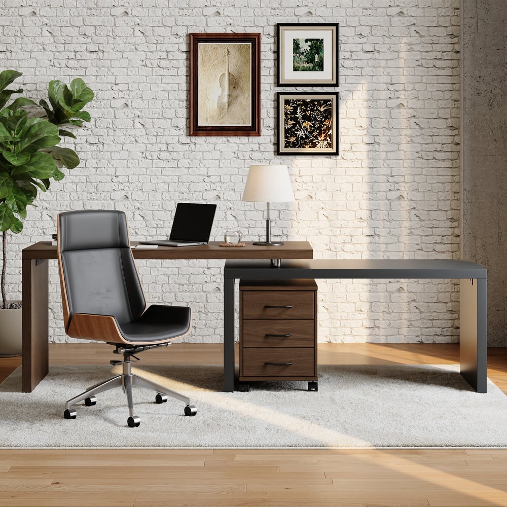 Bureau de direction moderne en forme de L noir et noyer de 152,4 cm avec classeur mobile image de fenêtre