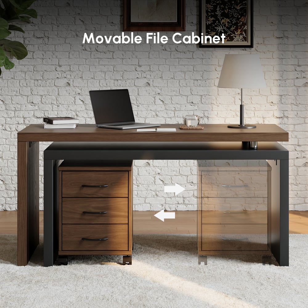 Bureau de direction moderne en forme de L noir et noyer de 152,4 cm avec classeur mobile image de fenêtre